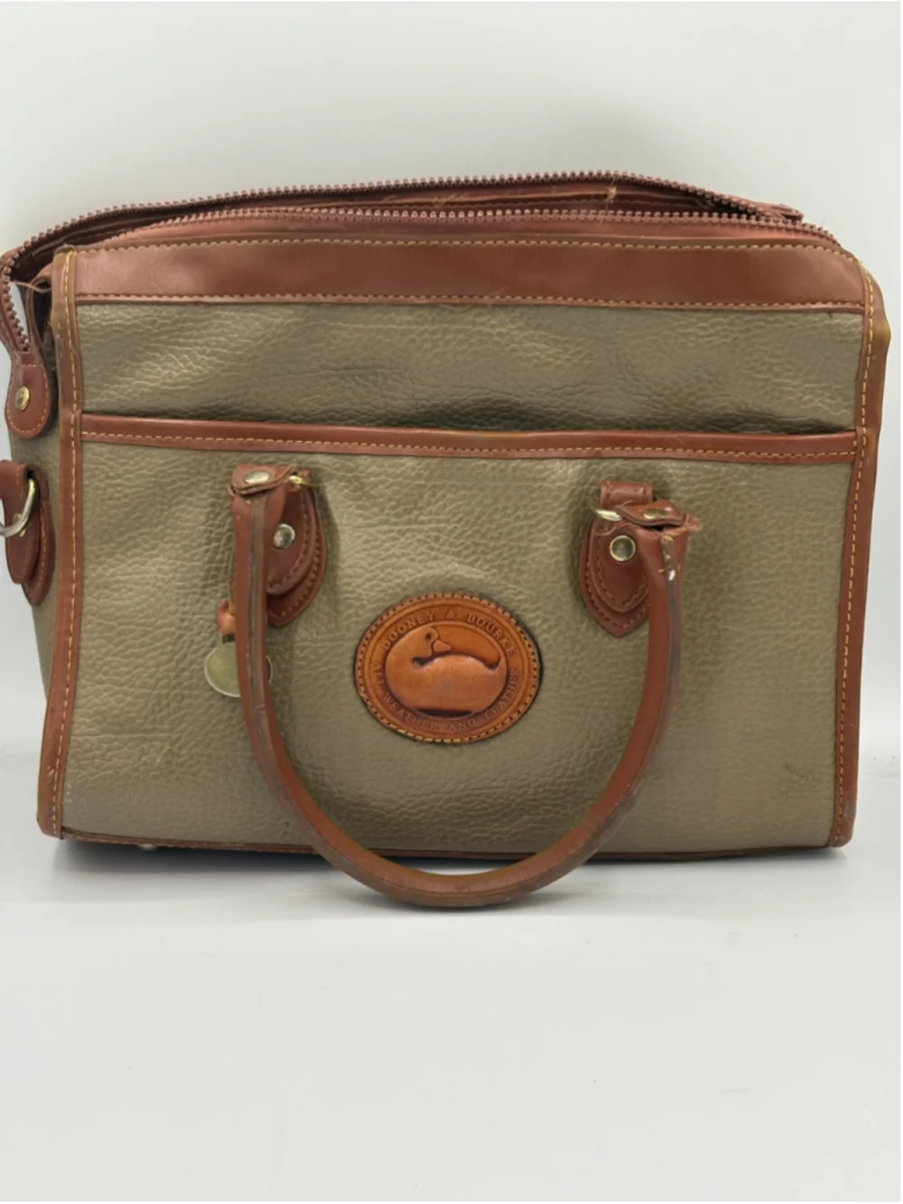 Dooney & Bourke Brown Olive Satchel Bag with Logo, Bag Charm, Zip, Gold Hardware